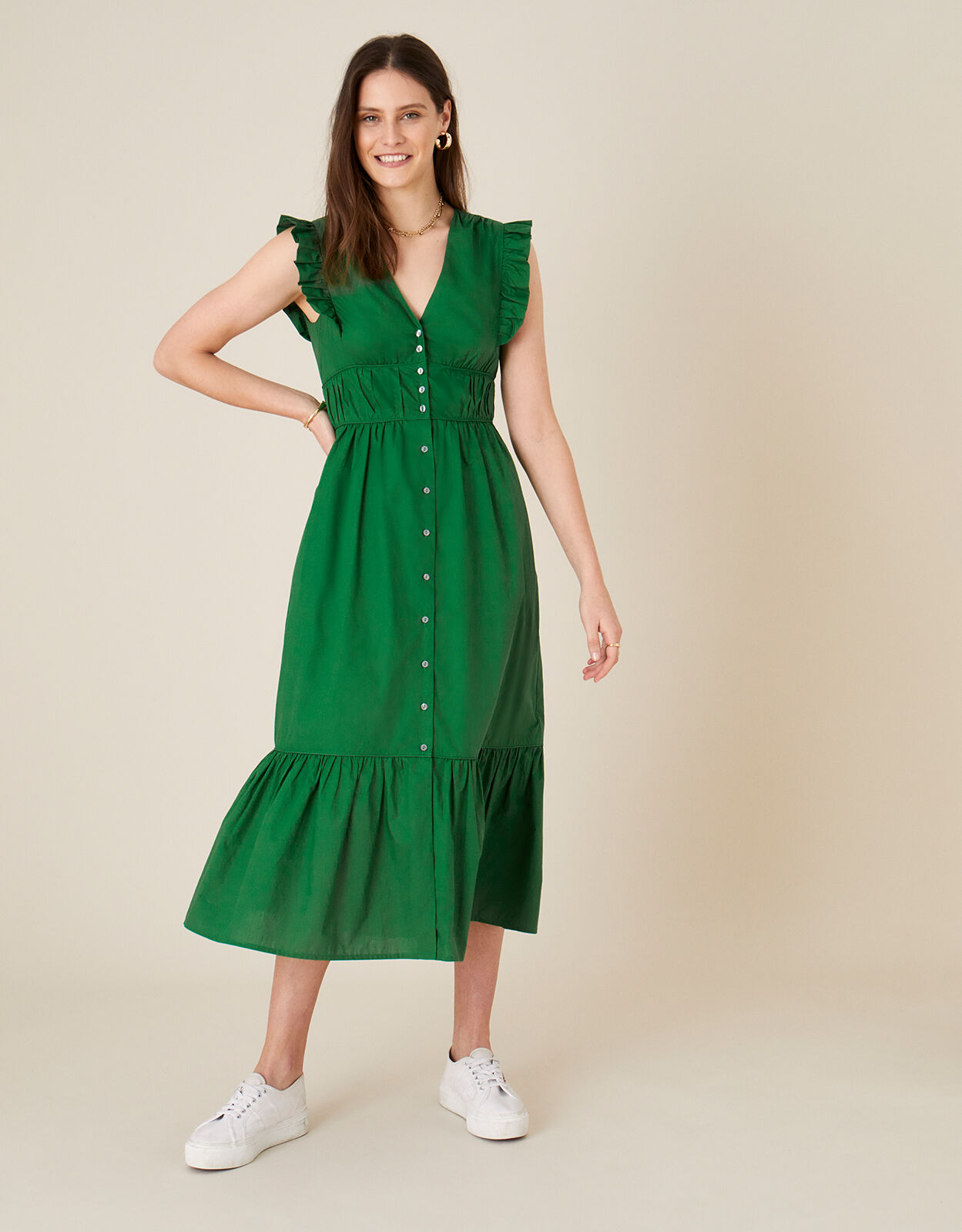 Tiered Midi Dress in Pure Cotton Green ...